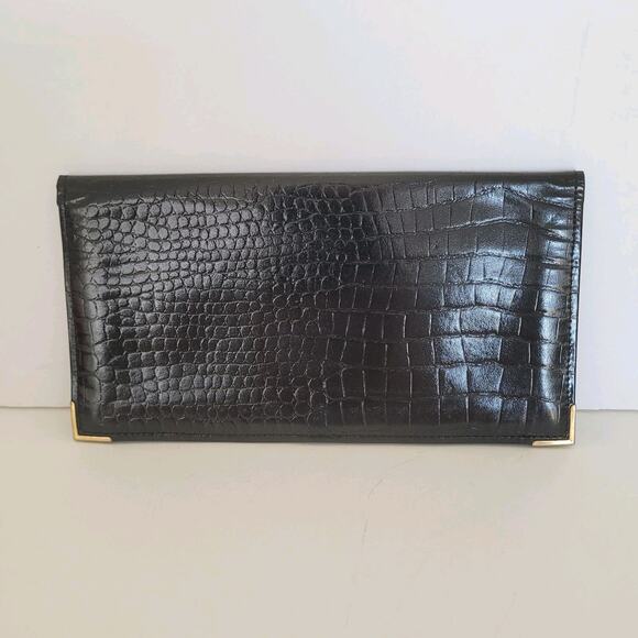 Dunhill Checkbook Card Slim Bill Holder Wallet Black Bifold Leather Croc Vintage - Picture 2 of 11